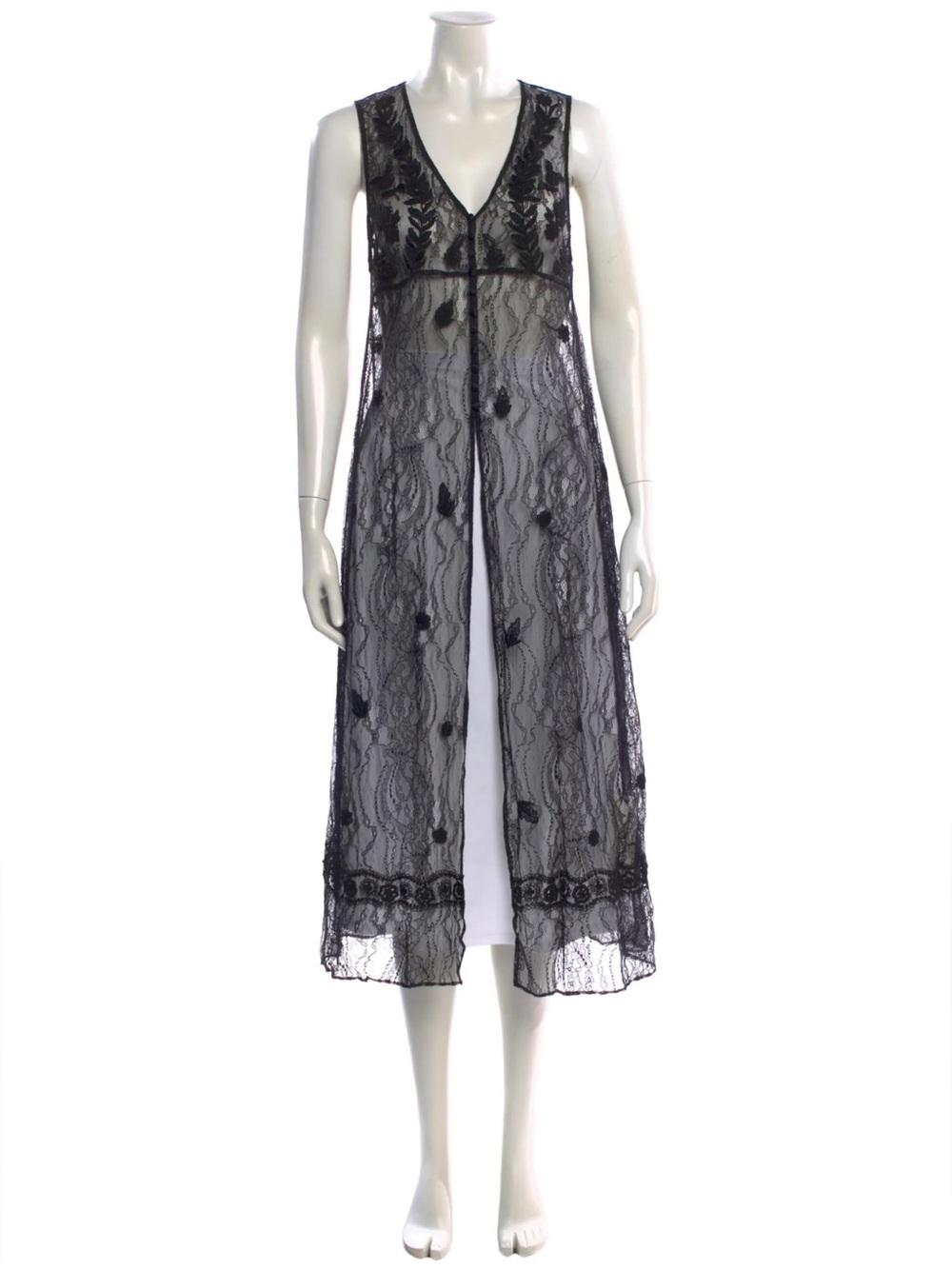 Alice + Olivia Ciel Lace Duster Vest in sheer black embroidered lace.